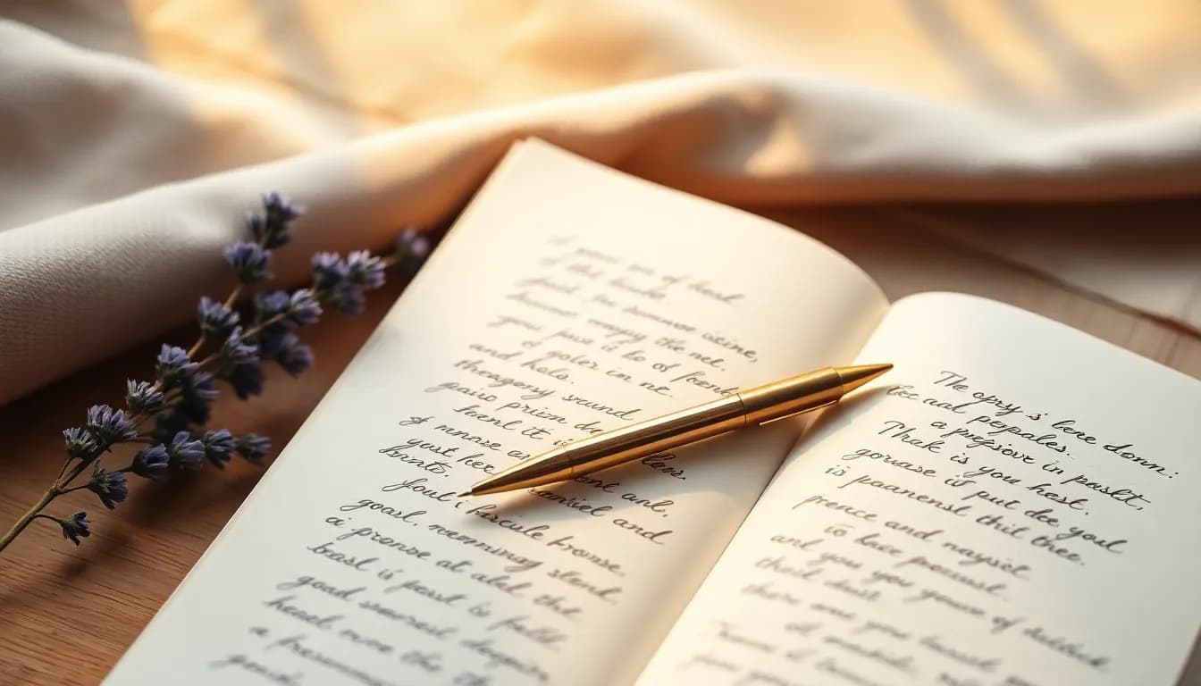 Ein aufgeschlagenes Journal mit handschriftlichen Notizen, einem Füller und getrocknetem Lavendel im warmen Morgenlicht